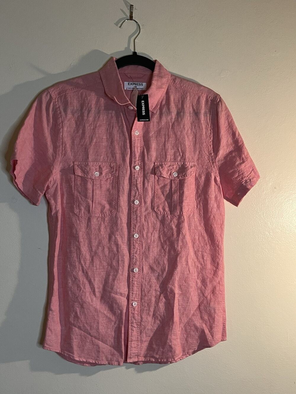 NWT Express Men’s Shirt Size S/P Peach Button Up Short Sleeve Front Pockets